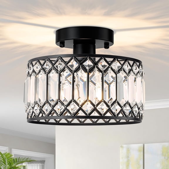 Laybasic Crystal Ceiling Light Fixture, 9" Black Modern Semi Flush Mount Ceiling Light, Mini Chandelier for Kitchen Bedroom Bathroom Entryway Hallway (Bulb not Included)