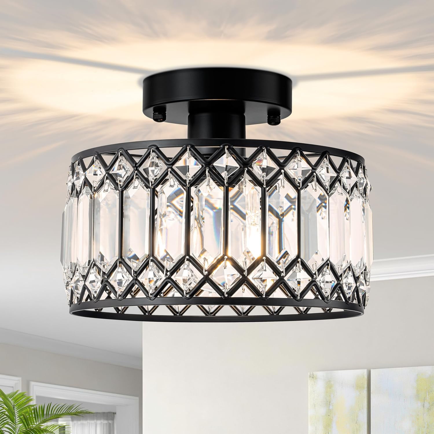 Laybasic Crystal Ceiling Light Fixture, 9" Black Modern Semi Flush Mount Ceiling Light, Crystal Chandelier for Kitchen Bedroom Bathroom Hallway (Bulb not Included)