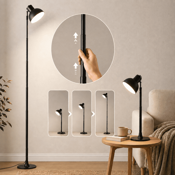 Laybasic LED Floor Lamp for Living Room Bedroom, Adjustable Height 18"-57" Standing Lamp, Dimmable Reading Light with 3 Color Temps & 150 Rotatable Head, USB Powered Modern Desk Lamp for Office