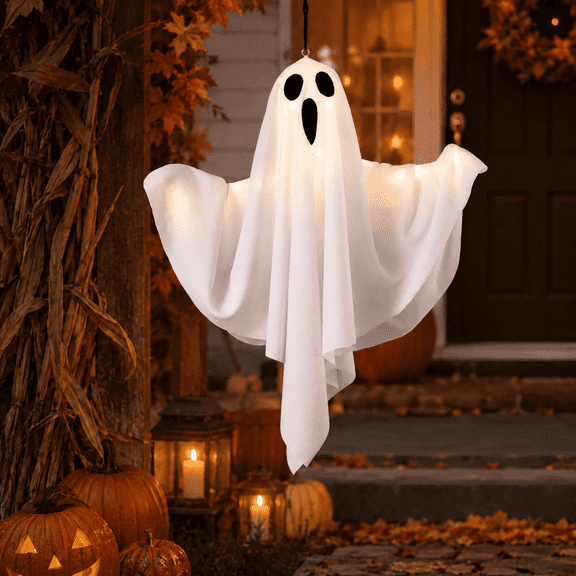 Laybasic Halloween Decorations Outdoor Indoor, 20" Hanging Glowing Ghost Lantern, 3 Modes Warm White LED Flying Ghost Decor for Front Yard Tree Porch Party, White