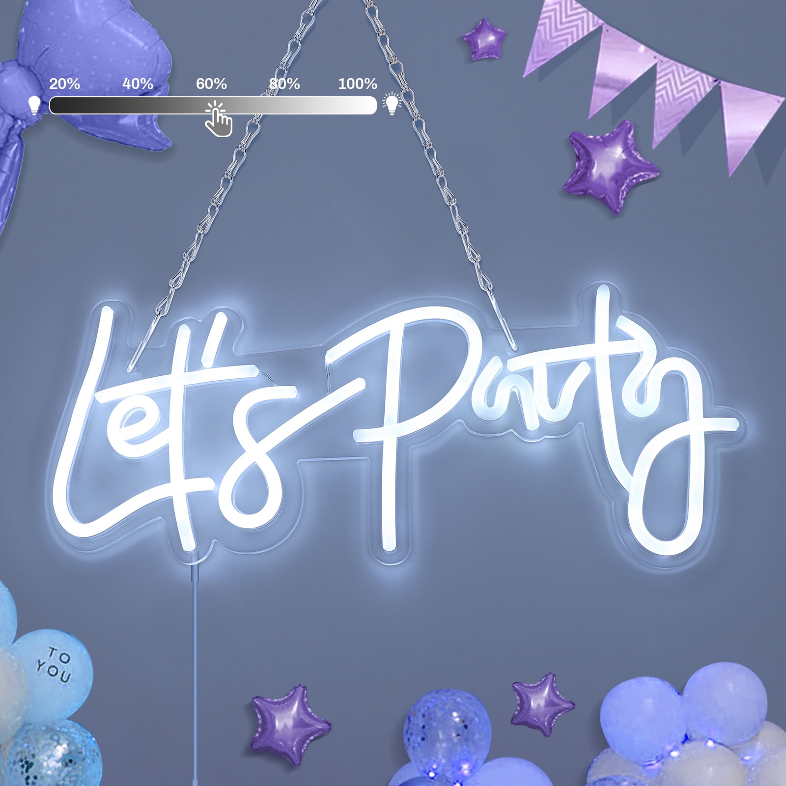 Laybasic Let's Party Neon Sign, Dimmable 15.8"x 7.1" LED Neon Signs for Wall Decor 5 Brightness USB Powered Light Up Signs for Wedding Birthday Party