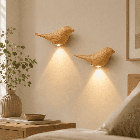 Laybasic Motion Sensor Bird Wall Light, 2-Pack Cordless Rechargeable Battery Operated Night Light with 3 Color Dimming Magnetic Wireless Bird Sconce for Bedroom Kids Room Hallway Stairs Decor, Wood