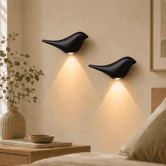 Laybasic Motion Sensor Bird Wall Light, 2-Pack Cordless Rechargeable Battery Operated Night Light with 3 Color Dimming Magnetic Wireless Bird Sconce for Bedroom Kids Room Hallway Stairs Decor, Black