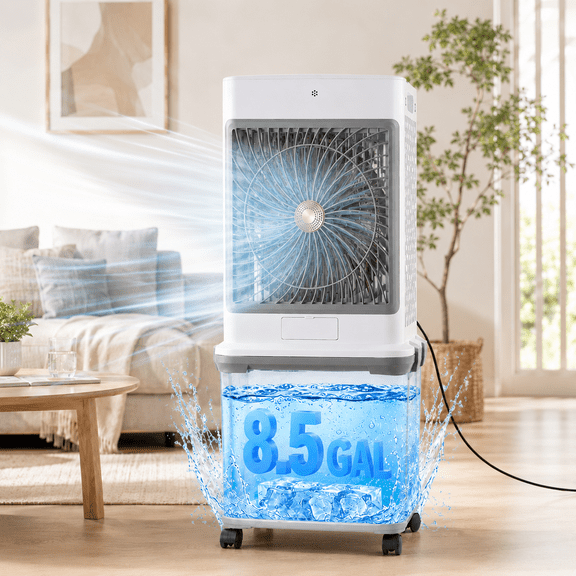 Laybasic Portable Swamp Cooler with 8.5Gal  Detachable Water Tank, 30H Continuous Evaporative Air Cooler with Aromatherapy Diffuser, 120° Oscillation Water Cooling Fan for Room Garage Patio