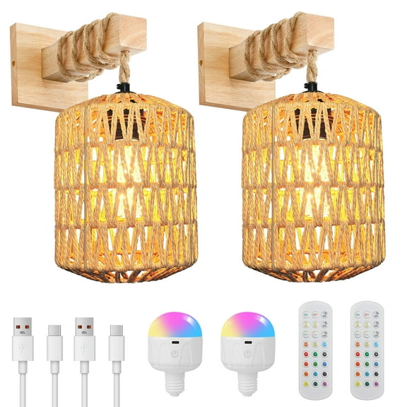 Laybasic Rattan Boho Wall Sconces Set of Two, Battery Operated Rechargeable Hand-Woven Farmhouse Wall Lamps with Remote Control Wall Mount Light Fixture Indoor for Bedroom, Bathroom