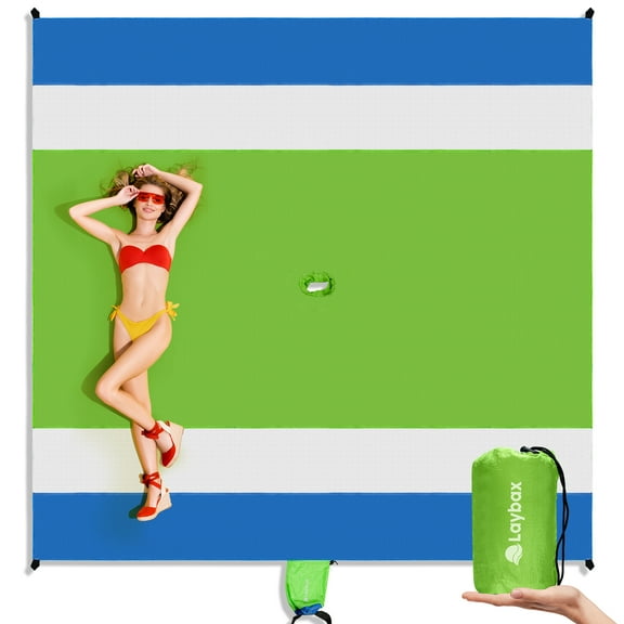Laybax 9' x 10' Green Beach Blanket with Umbrella Hole, Sand Pocket, and Stakes