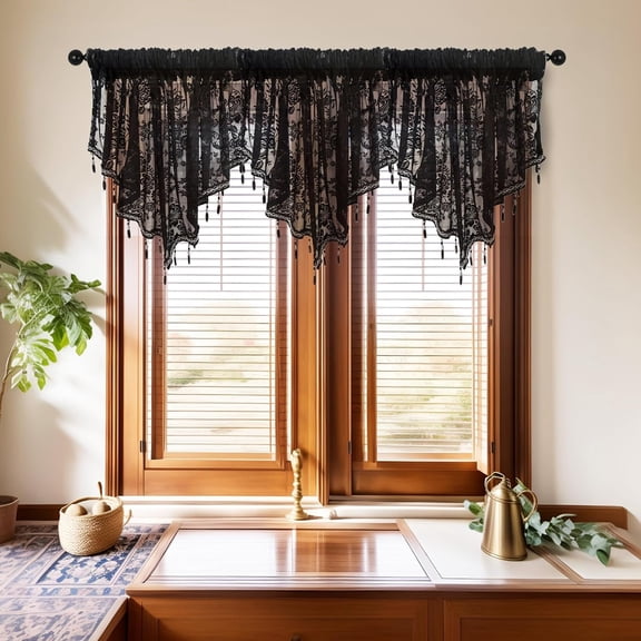 Layeeboyo Swag Curtain 51 inch Length Rod Pocket Scalloped Curtain Valance Sheer Lace Panels with Hanging Crystal Beads for Kitchen Bedroom Window Treatments Drape Decor 3pc (Lace Black, 51Wx24L)
