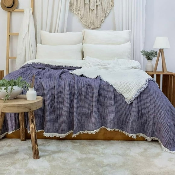 Layer Muslin Quilt,  Turkish Cotton Blanket, Ultra Soft, Lightweight Comforter, Breathable, All Season Bed Throw (Indigo, Twin Size