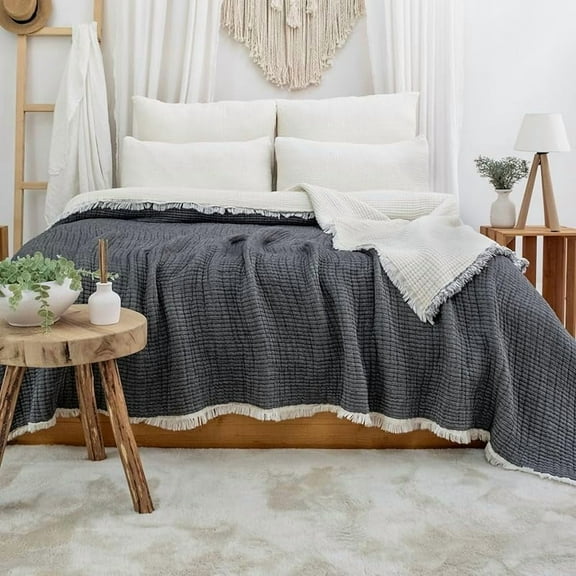 Layer Muslin Quilt, Turkish Cotton Blanket, Ultra Soft, Lightweight Comforter, Breathable, All Season Bed Throw (Tan, Twin Size