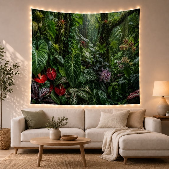 Layered Anthuriums Among Rainforest Leaves, Serene Digital Art for Plant Lovers, Botanical Wall Art, Housewarming Gift, Tapestry Wall Hanging for Bedroom and Living Room