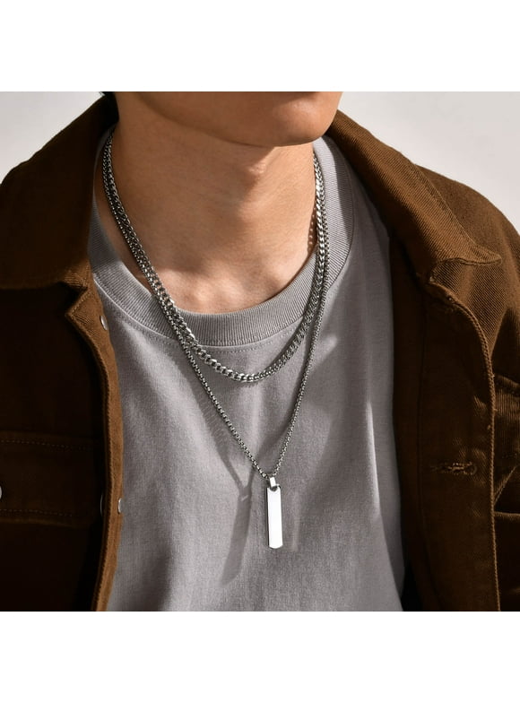Layered Bar Pendant Necklaces for Men Minimalist Stainless Steel Box Chain Cuban Chain Geometric Necklace Jewelry