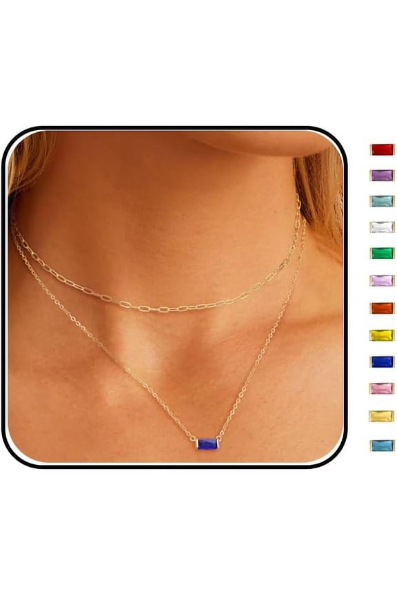 Layered Birthstone Necklace For Women Mothers 14K Gold Charm Necklace Dainty Paperclip Chain Necklace Pink Emerald Red Purple Pendant Necklace Diamond Jewelry Birthday Party Prom Wedding[o3742]