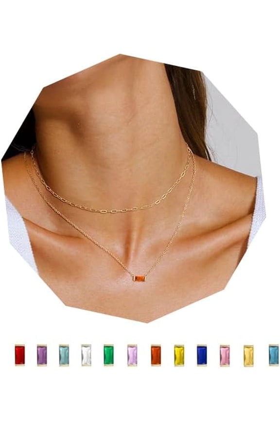 Layered Birthstone Necklace For Women Mothers 14K Gold Charm Necklace Dainty Paperclip Chain Necklace Pink Emerald Red Purple Pendant Necklace Diamond Jewelry Birthday Party Prom Wedding[o3748]