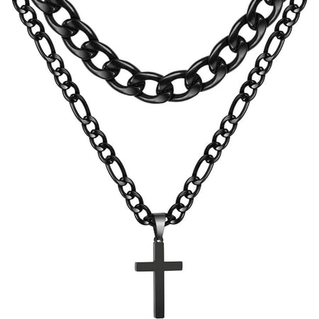APSVO Layered Black Cross Necklaces for Men Boys Stainless Steel Cuban Figaro Pendant Chain Set Religious Christian Birthday First Communion Graduation Fathers Day Jewelry Gifts Him Teen Dad Kids