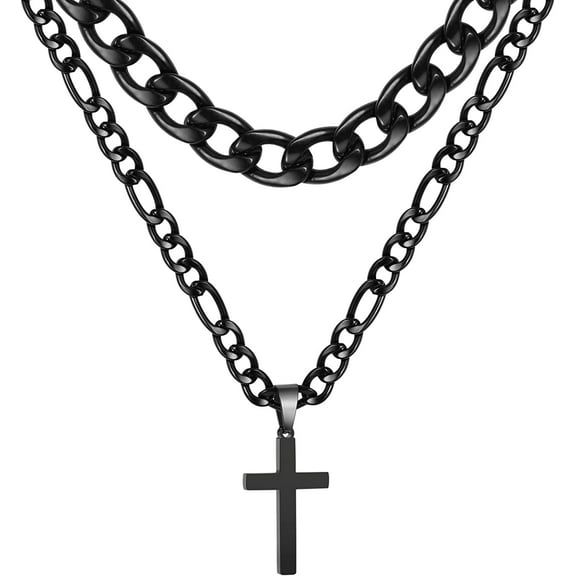 APSVO Layered Black Cross Necklaces for Men Boys Stainless Steel Cuban Figaro Pendant Chain Set Religious Christian Birthday Valentines Day Jewelry Gifts Him Teen Dad Boyfriend Adults Kids Ideas