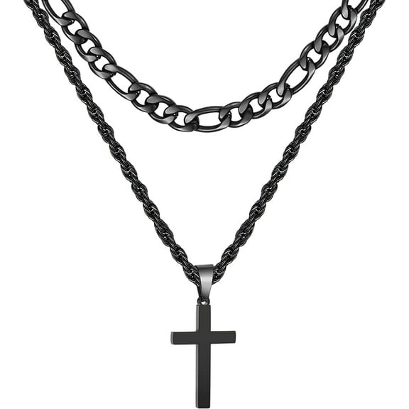 APSVO Layered Black Cross Necklaces for Men Boys Stainless Steel Figaro Twist Rope Pendant Chain Set Religious Christian Birthday Valentines Day Jewelry Gifts Him Teen Dad Husband Adults Kids Ideas