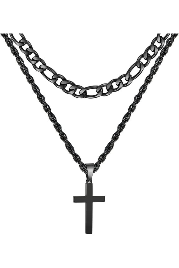 Layered Black Cross Necklaces for Men Boys Stainless Steel Figaro Twist Rope Pendant Chain Set Religious Christian Birthday Valentines Day Jewelry Gifts Him Teen Dad Husband Adults Kids Ideas