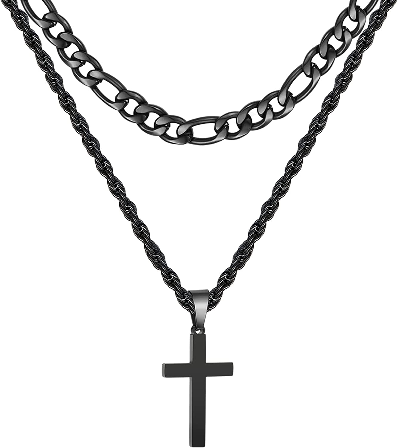 Layered Black Cross Necklace for Men Stainless Steel Layered Figaro Twist Rope Chains Cross