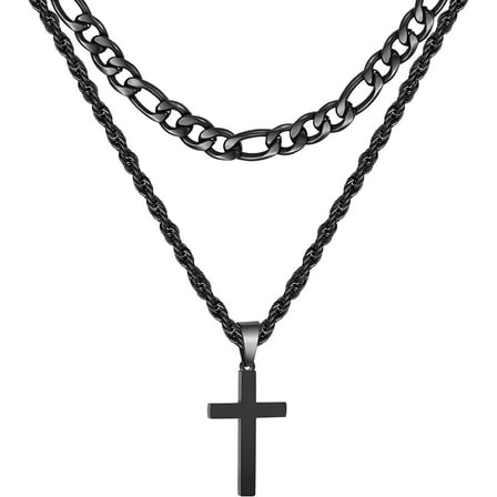 APSVO Layered Black Cross Necklaces for Men Boys Stainless Steel Figaro Twist Rope Pendant Chain Set Religious Christian Birthday Valentines Day Jewelry Gifts Him Teen Dad Husband Adults Kids Ideas
