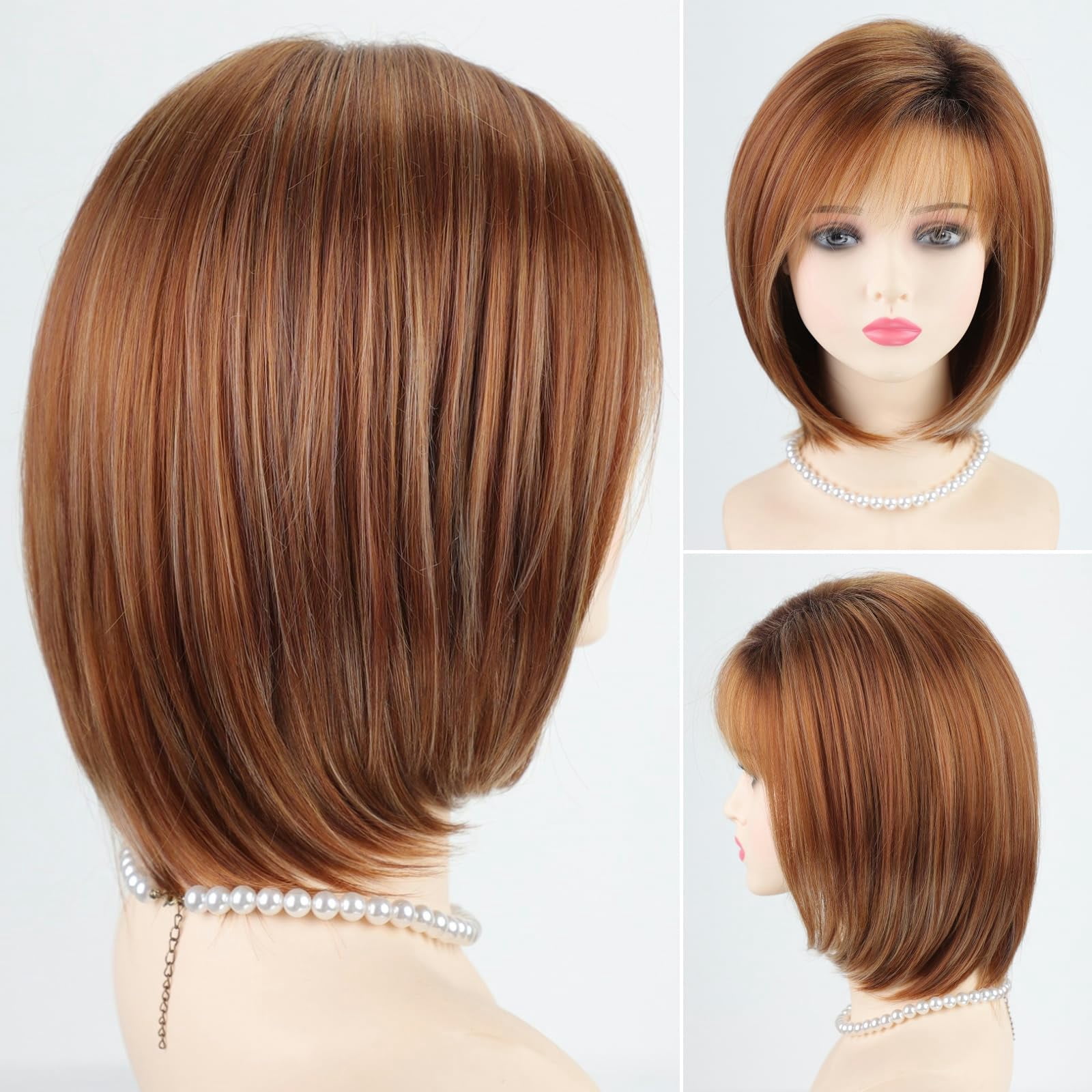 Layered Blonde Balayage Bob Wig for Women Medium Length Straight Synthetic Hair with Bangs Ombre Platinum Brown