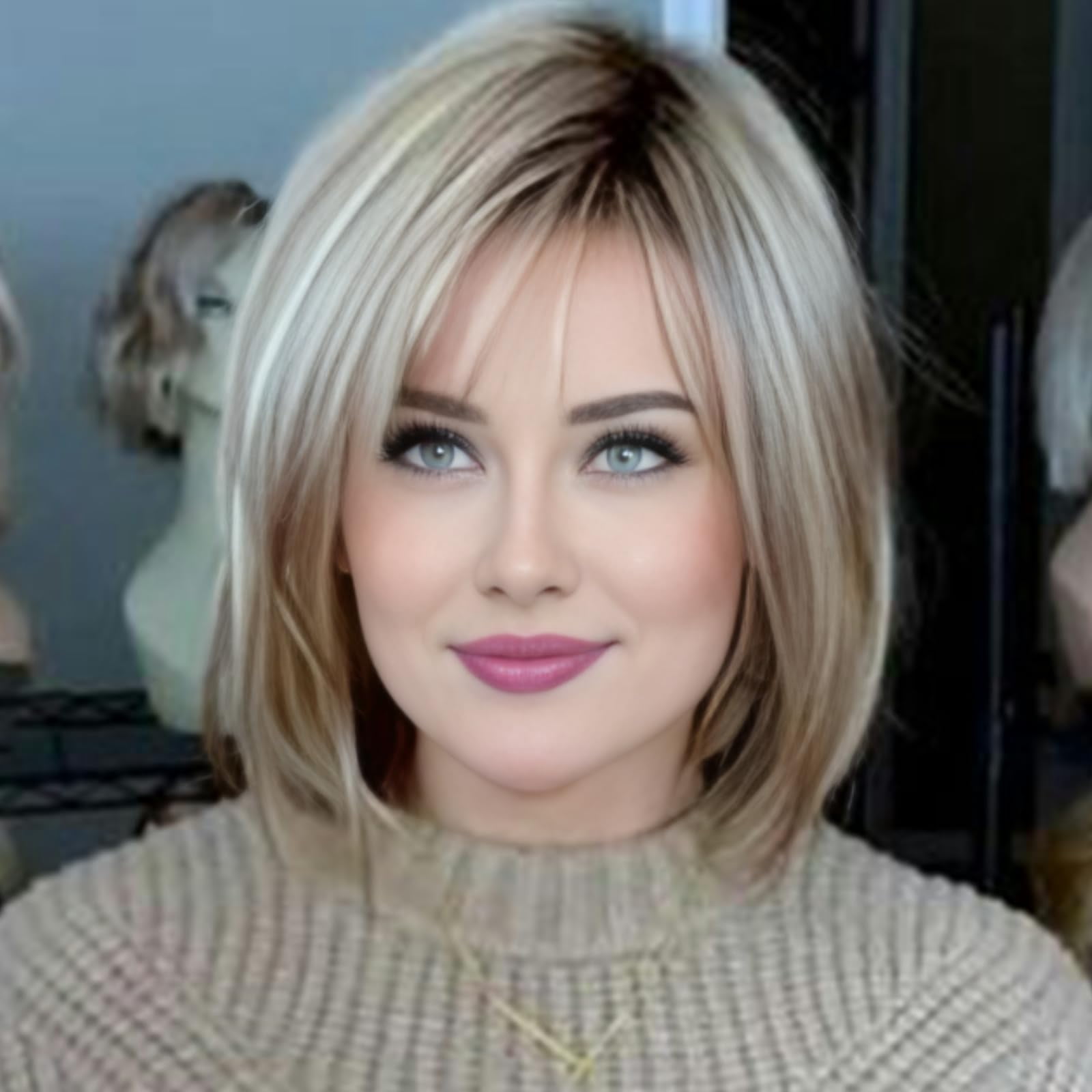 Layered Blonde Balayage Bob Wig for Women Medium Length Straight Synthetic Hair with Bangs Ombre Platinum Brown