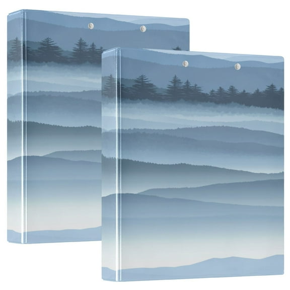 Layered Blue Mountain Landscape 12.4x10.6in PVC Round Ring Binder, D-Ring 3-Hole, Metal Clip, 200 Sheets