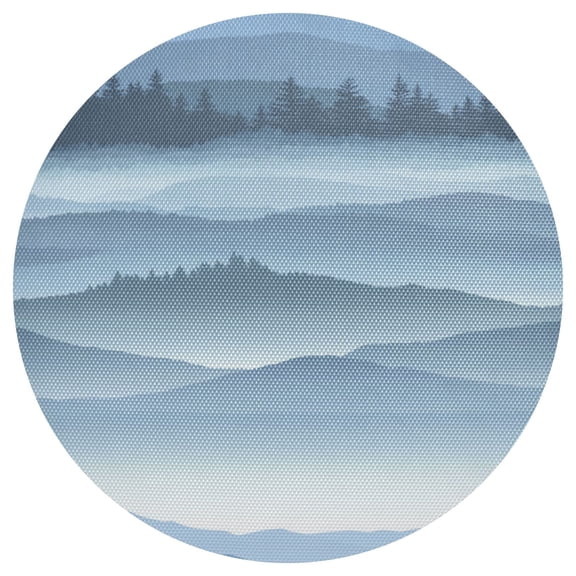 Layered Blue Mountain Landscape 15.4in Diameter PVC Plate Mat, Heat-Resistant and Cuttable, Kitchen Decor