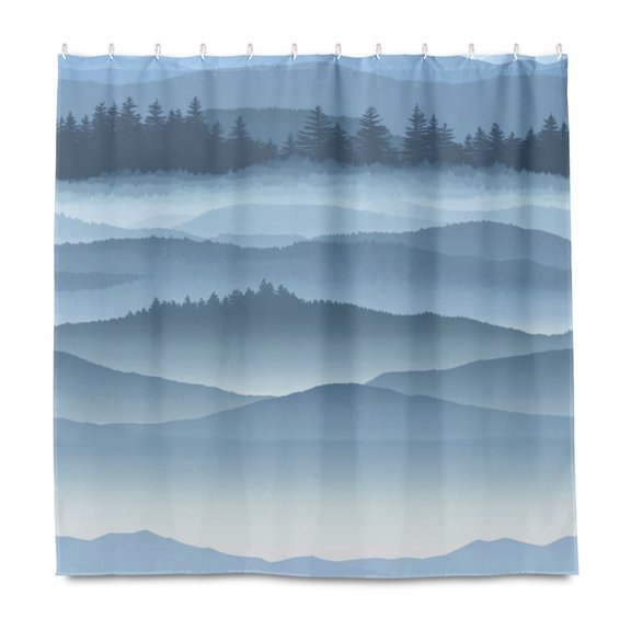 Layered Blue Mountain Landscape 72x72 Waterproof Shower Curtain Liners Durable Metal C-Hooks Fade-Proof Thermal Print Anti-Splash