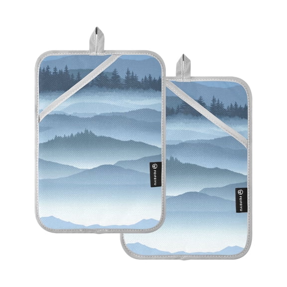Layered Blue Mountain Landscape Set of 2 Heat-Resistant Quilted Pads, Silver Polyester, 7" x 9.8"