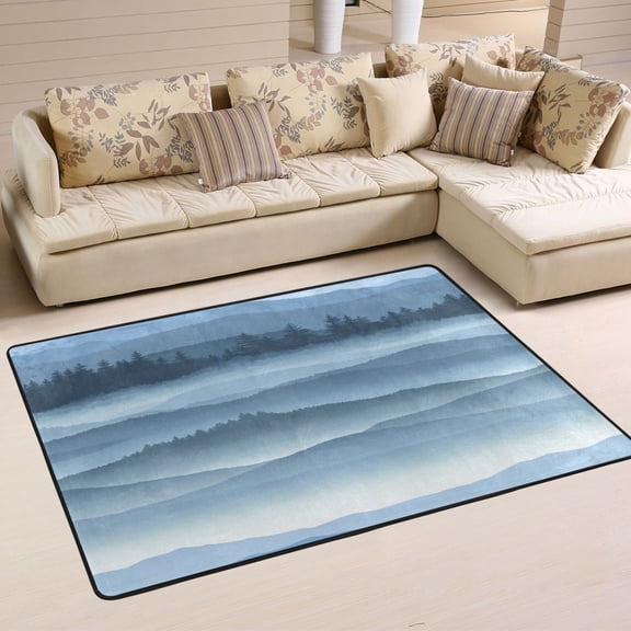 Layered Blue Mountain Landscape Soft Polyester Area Rug 72''x48'', Non Slip, Memory Foam, Water Absorbent