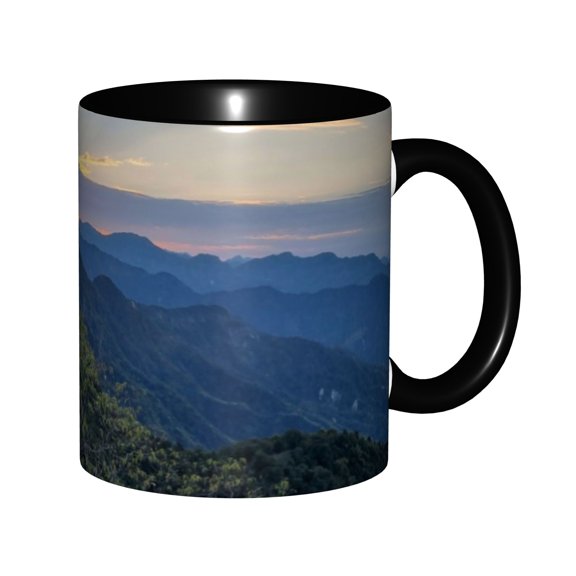 Layered Blue Mountain Ranges Forest Ridges Golden Sunset Horizon Mountain Valley Scenic Nature Ceramic Mug 11oz, Mountain Hiking Outdoor Lover Coffee Cup
