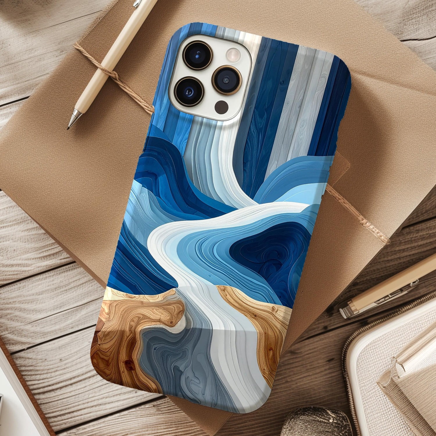 Layered Blue and White Flowing Waves with Tan Wood Grain Tough Phone ...