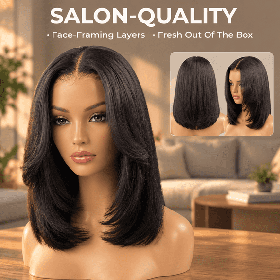 Layered Bob Glueless Wig Human Hair Yaki Straight Color 14inch