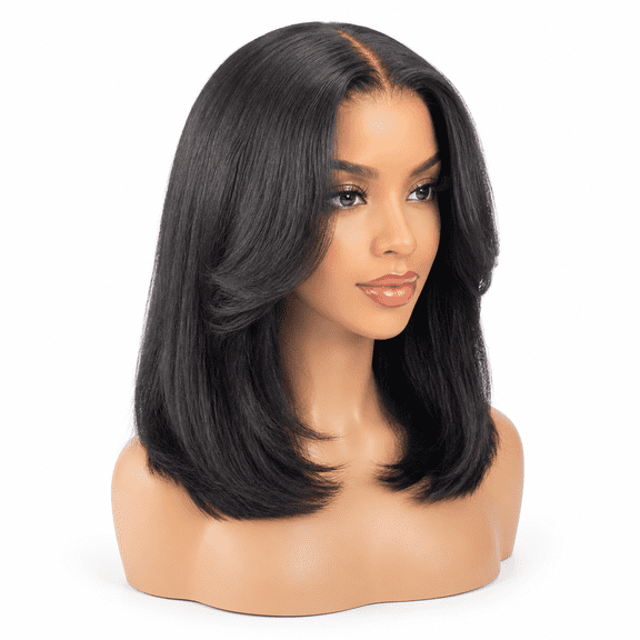 Layered Bob Glueless Wig Human Hair Yaki Straight Color 16inch