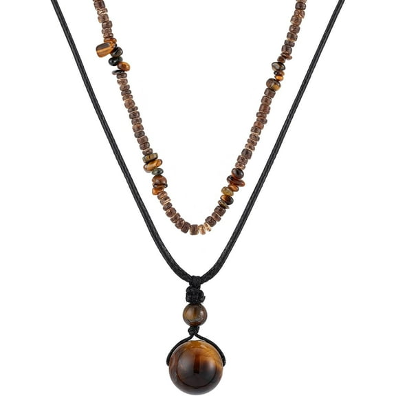 Layered Boho Beaded Necklace for Women Earthy Coconut Shell Wooden Tigers Eye Beads Necklace Summer Beach Hawaiian Surfer Choker Necklace for Men
