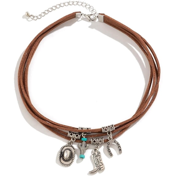 Layered Boho Western Choker Necklace for Women Turquoise Trendy Leather Cowboy Boot Hat Pendant Necklace Silver Necklace Jewelry Gift