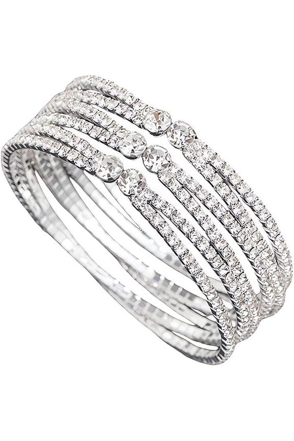 Layered Bridal Crystal Rhinestone Cuff Bracelets for Women Adjustable Bling Upper Arm Sparkling Bangles for Girls Jewelry Accessory Gift for Wedding Formal Prom Cocktail Party