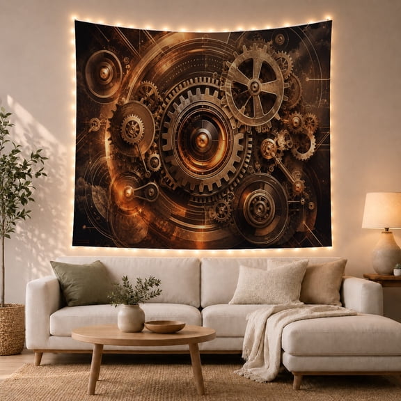 Layered Bronze Gears in a Technical Setting, Dreamy Vintage for Steampunk Decor Lovers, Mechanical Art Wall Decor, Housewarming Gift, Tapestry Wall Hanging for Office and Study Room