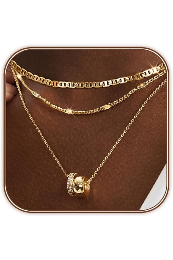 Layered CZ Rondelle Pendant Necklaces for Women, 14K Gold Plated Trendy Mariner Chain Dainty Circle Rondelle Pendant Choker Necklace for Women Two-Toned Cubic Zirconia Gold Necklace