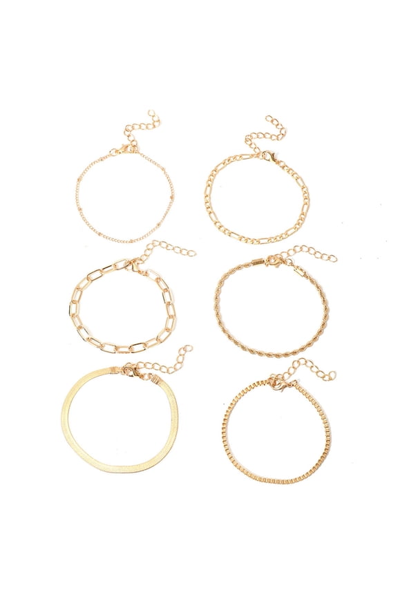 Bracelets for Women Stackable 6 Piece Set, Gold Mixed Metal Chain Boho Jewelry, Adjustable Cuff and Link Bracelets, Festival Beach Accessories