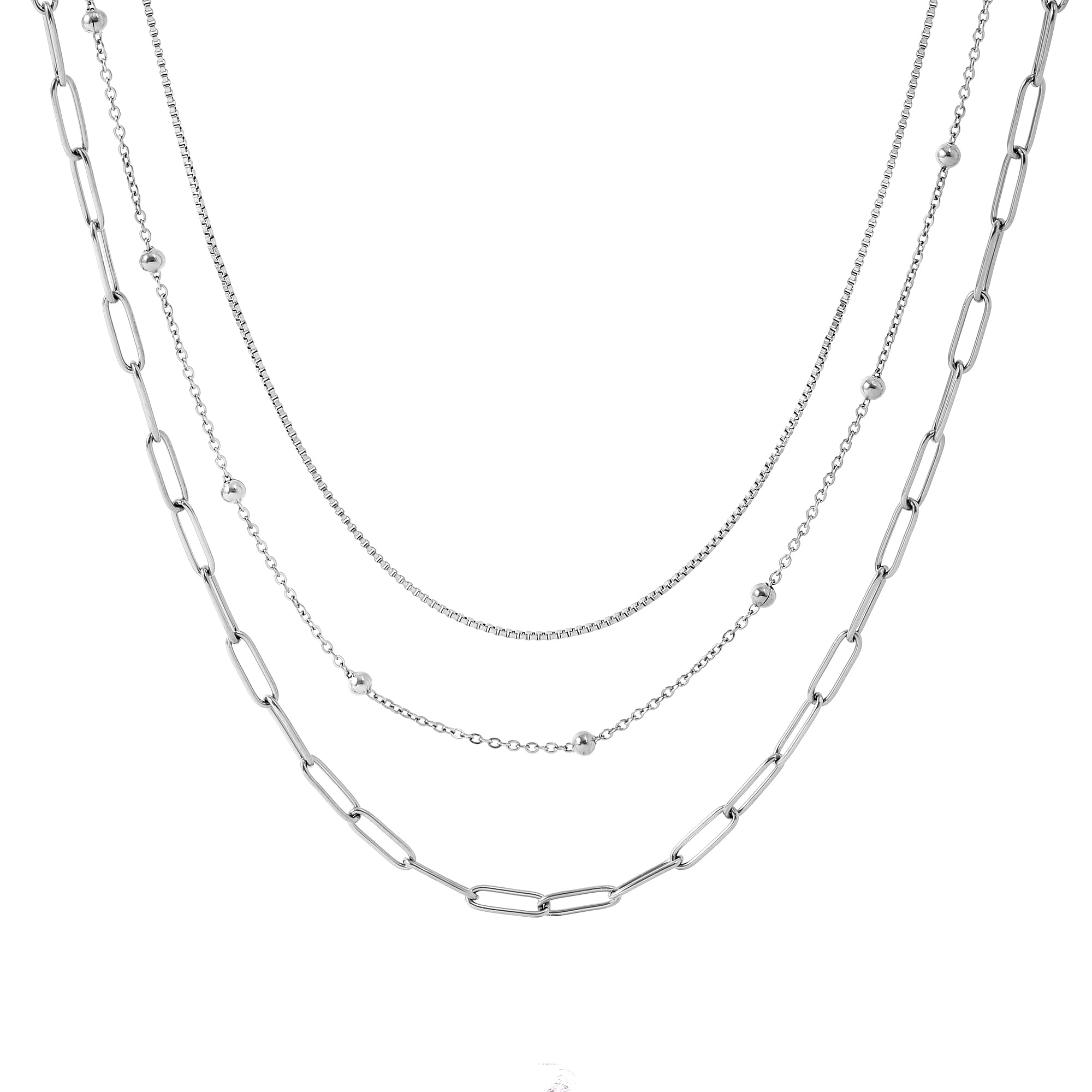 Layered Chain Necklace for Women by Ginger Lyne Silver Tone Stainless Steel Box Bead and Paperclip Chains