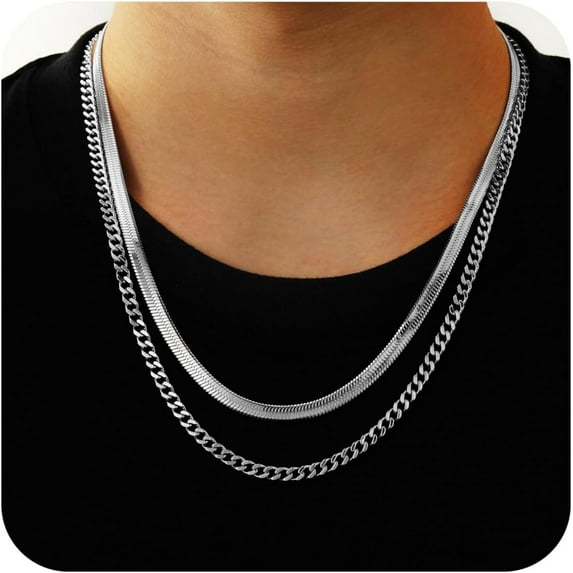 Layered Chain Necklaces for Men Women, 2Pcs Stainless Steel Cuban Link/Rope/Herringbone Chains Jewelry Gifts, 16 "/18 ", 18 "/20 ", 20 "/22 "
