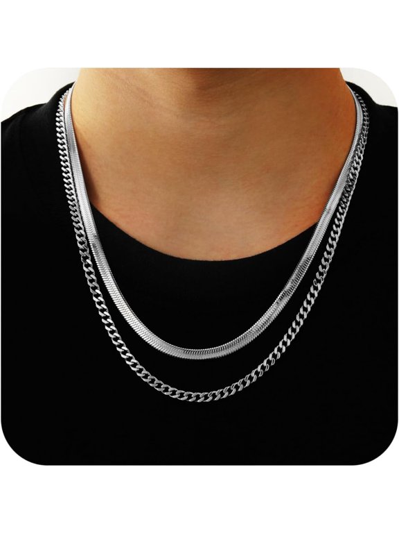 Layered Chain Necklaces for Men Women, 2Pcs Stainless Steel Cuban Link/Rope/Herringbone Chains Jewelry Gifts, 16 "/18 ", 18 "/20 ", 20 "/22 "