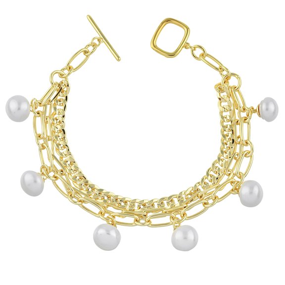 Layered Chain Pearl Bracelet 7.5 in - 14K Gold Plated Copper Bracelet - Curb Link Chain Bracelet for Women - Pearl Charms Toggle Clasp Bracelet