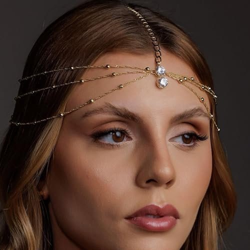 Layered Chain Renaissance Rhinestone Forehead Headband Festival 1920s Accessories for Women Wedding Headpiece