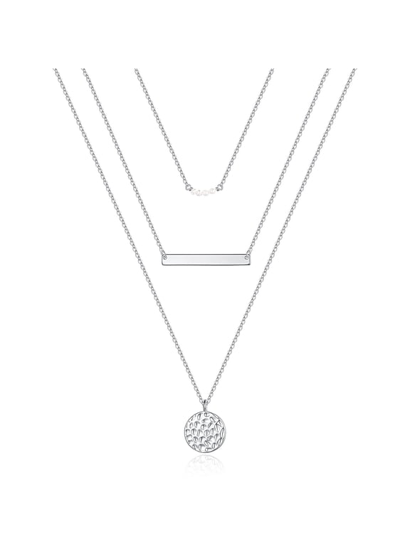Dainty 14K White Gold Plated Layering Pearls Drop Necklace for Women Handmade Multilayer Bar Disc Pendant Choker Simple Trendy Personalized Jewelry Birthday Gifts for Women