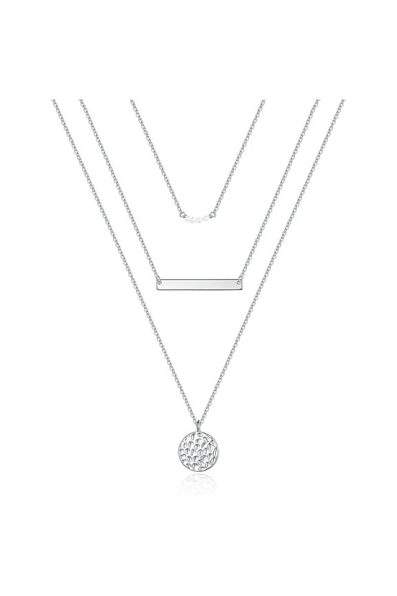 Dainty 14K White Gold Plated Layering Pearls Drop Necklace for Women Handmade Multilayer Bar Disc Pendant Choker Simple Trendy Personalized Jewelry Birthday Gifts for Women