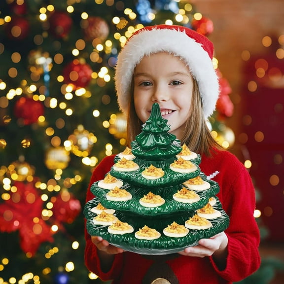 Layered Christmas Tree Plastic Deviled Egg Platter - 10.23in(26cm) Reusable Holiday Egg Rack with Lid, Green haped Egg Tray for Christmas Party Kitchen erving, Green