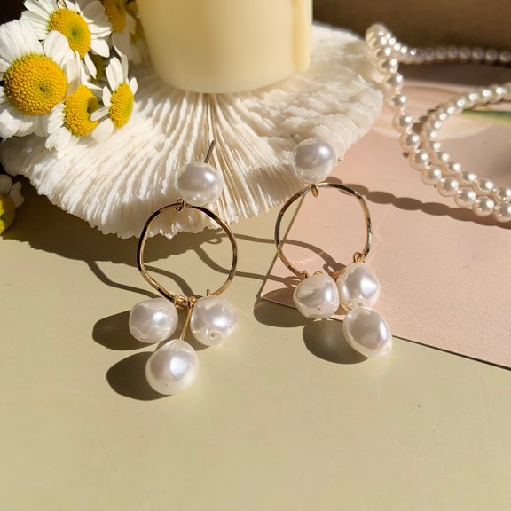 Layered Circle and Multi Pearl Dangle Earrings