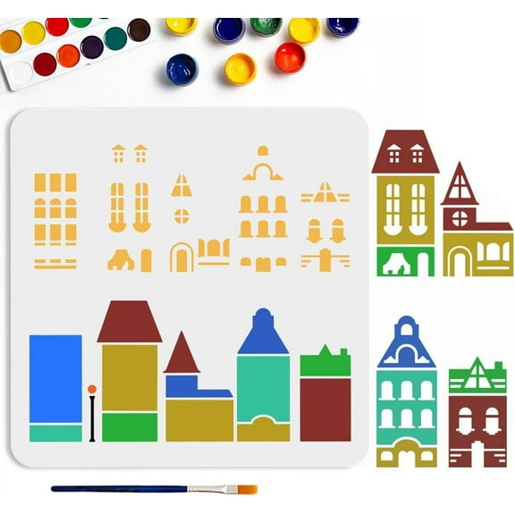 Layered Cityscape Stencils 11.811.8inch City Building House Stencil with Paint Brush City Landscape Apartment Drawing Stencil
